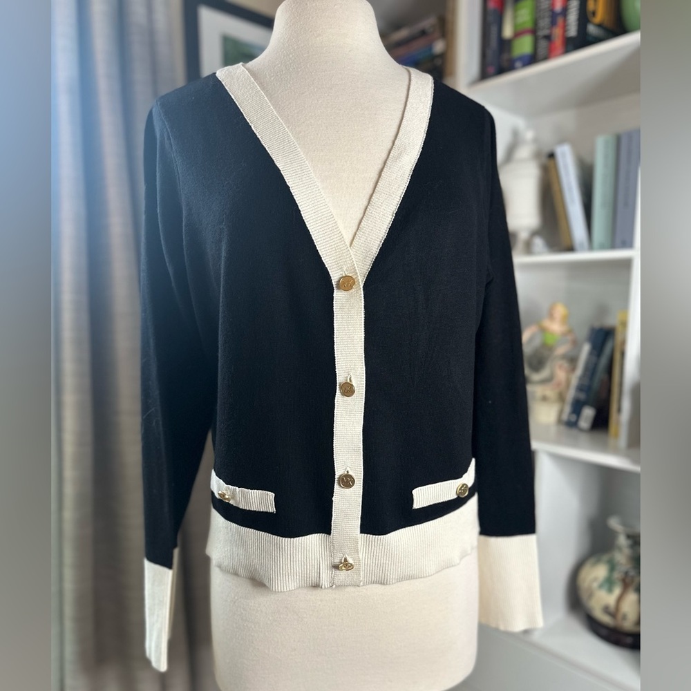 Michael Kors Black and Cream Cardigan with Gold Buttons